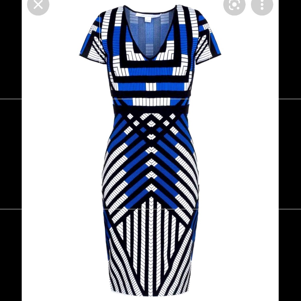 DIANE Von Furstenberg Midi Bodycon Geometic V-Neck Dress Size L